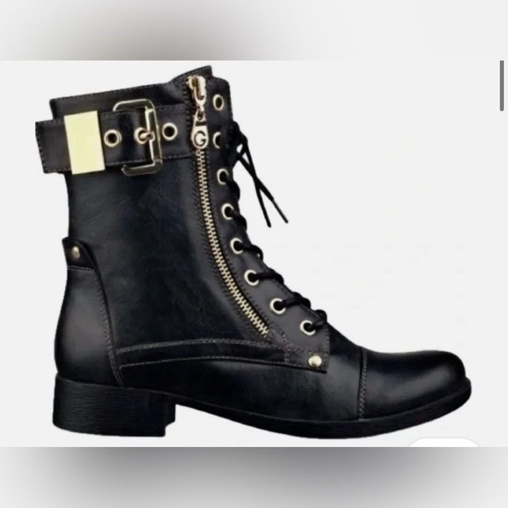 GUESS Berlyn Combat Lace-up Moto Gold Buckle Ankle Boots